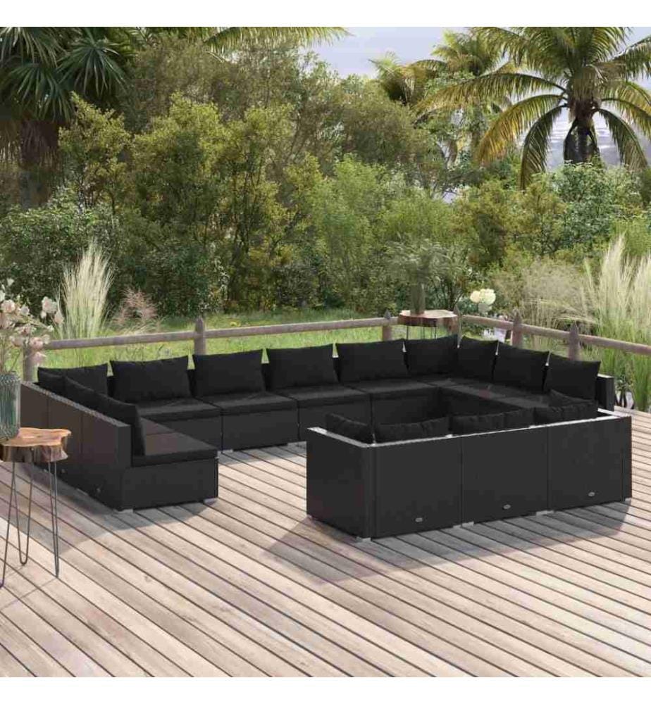 13-tlg. Garten-Lounge-Set mit Kissen Schwarz Poly Rattan