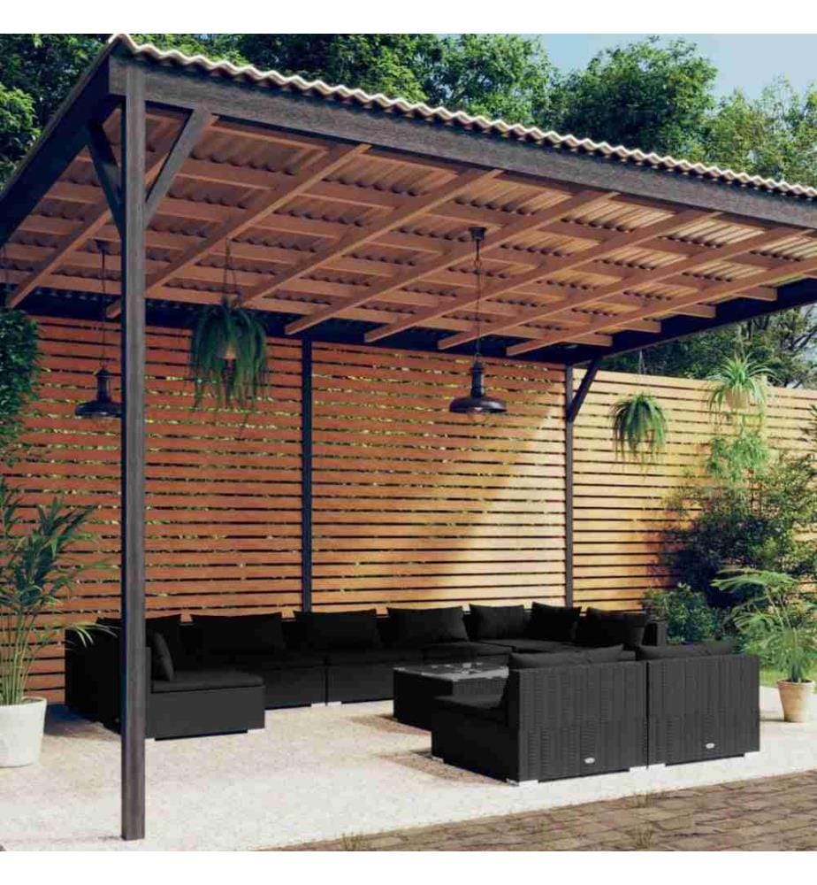 10-tlg. Garten-Lounge-Set mit Kissen Schwarz Poly Rattan
