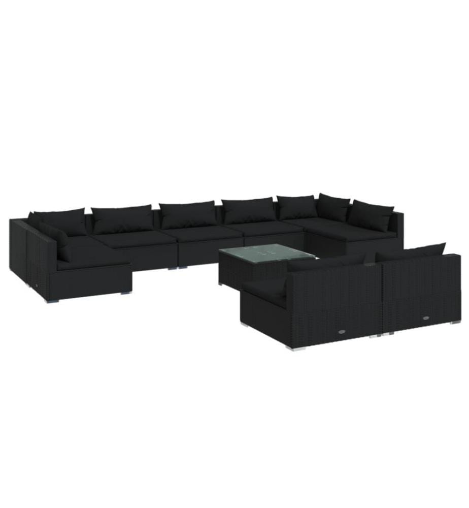 10-tlg. Garten-Lounge-Set mit Kissen Schwarz Poly Rattan