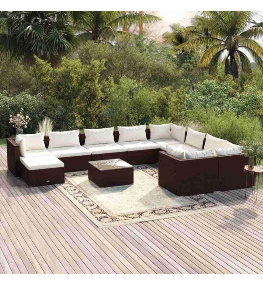 11-tlg. Garten-Lounge-Set mit Kissen Poly Rattan Braun