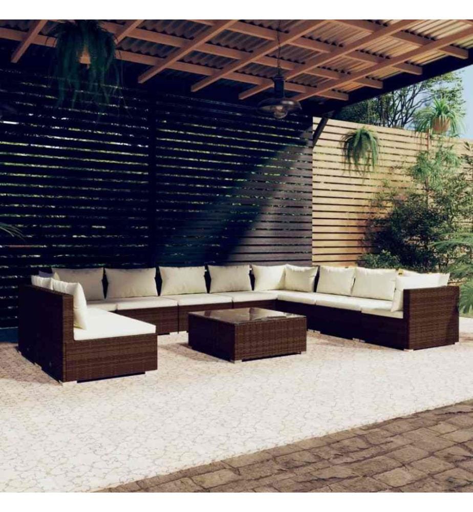 11-tlg. Garten-Lounge-Set mit Kissen Braun Poly Rattan