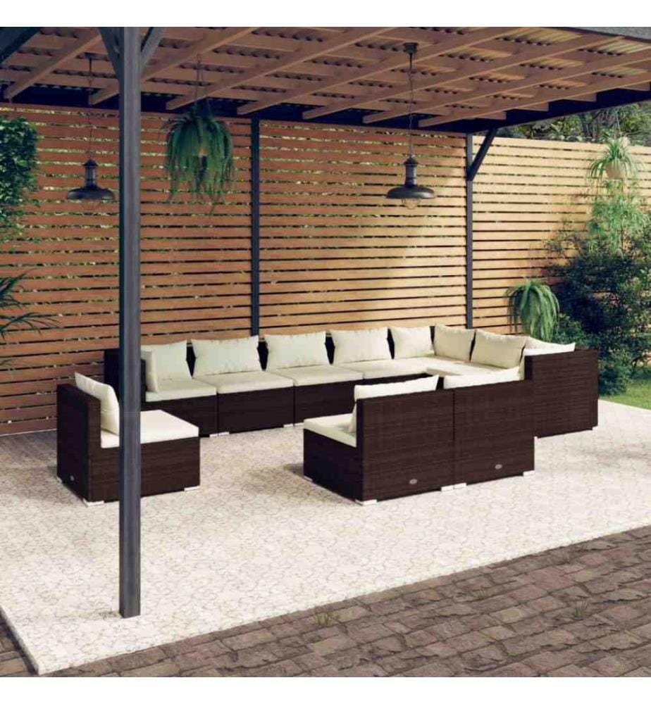 10-tlg. Garten-Lounge-Set mit Kissen Poly Rattan Braun