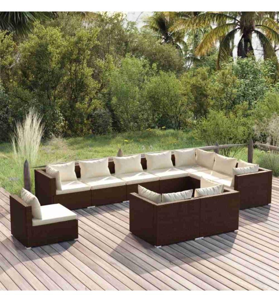 10-tlg. Garten-Lounge-Set mit Kissen Poly Rattan Braun