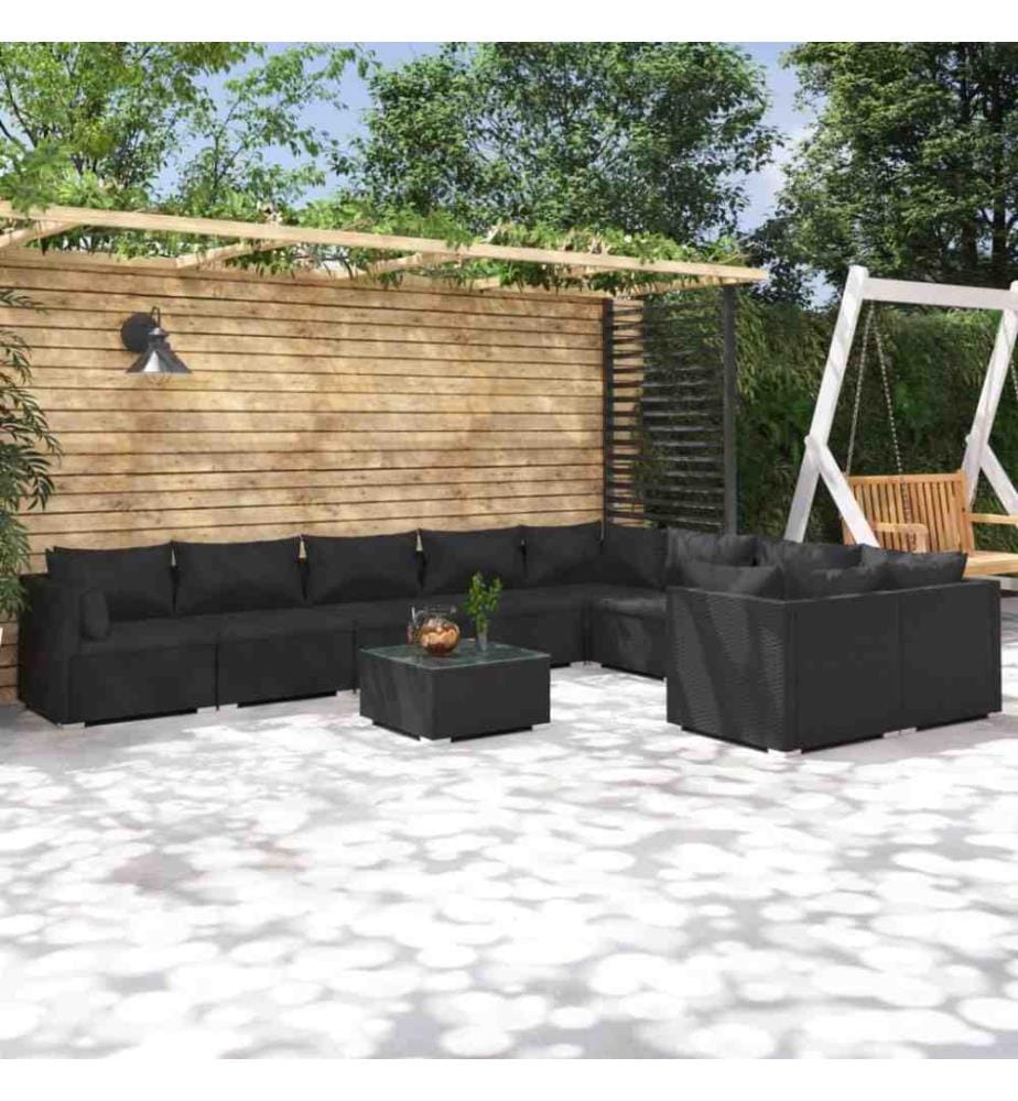 10-tlg. Garten-Lounge-Set mit Kissen Poly Rattan Schwarz