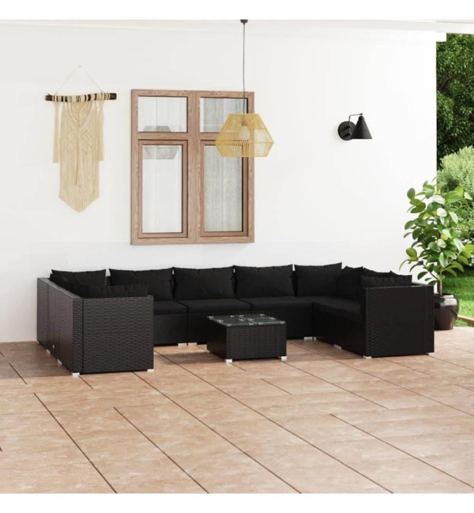 10-tlg. Garten-Lounge-Set mit Kissen Poly Rattan Schwarz