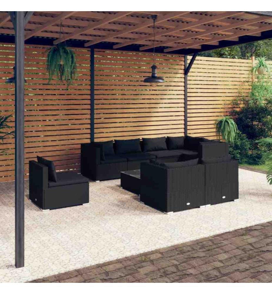 9-tlg. Garten-Lounge-Set mit Kissen Poly Rattan Schwarz