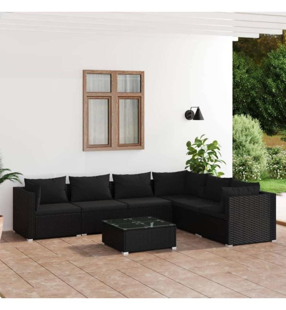 7-tlg. Garten-Lounge-Set mit Kissen Poly Rattan Schwarz