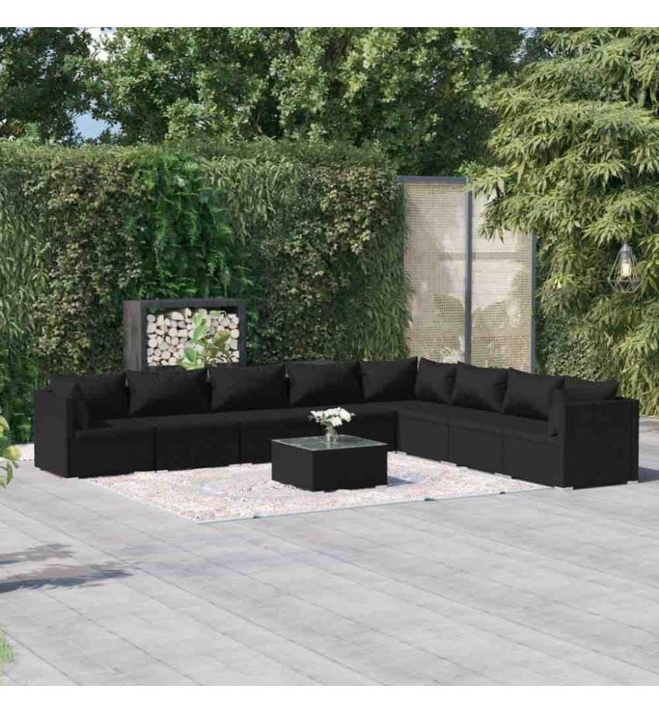 9-tlg. Garten-Lounge-Set mit Kissen Poly Rattan Schwarz