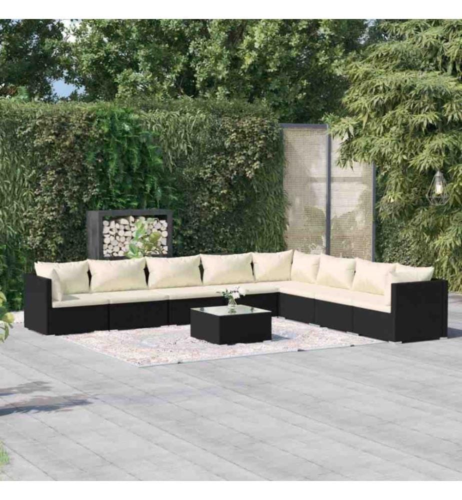 9-tlg. Garten-Lounge-Set mit Kissen Poly Rattan Schwarz