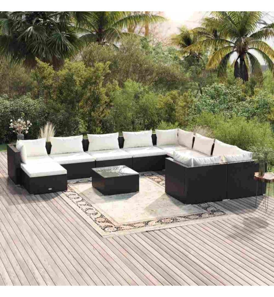 Salon de jardin 11 pcs avec coussins Résine tressée Noir