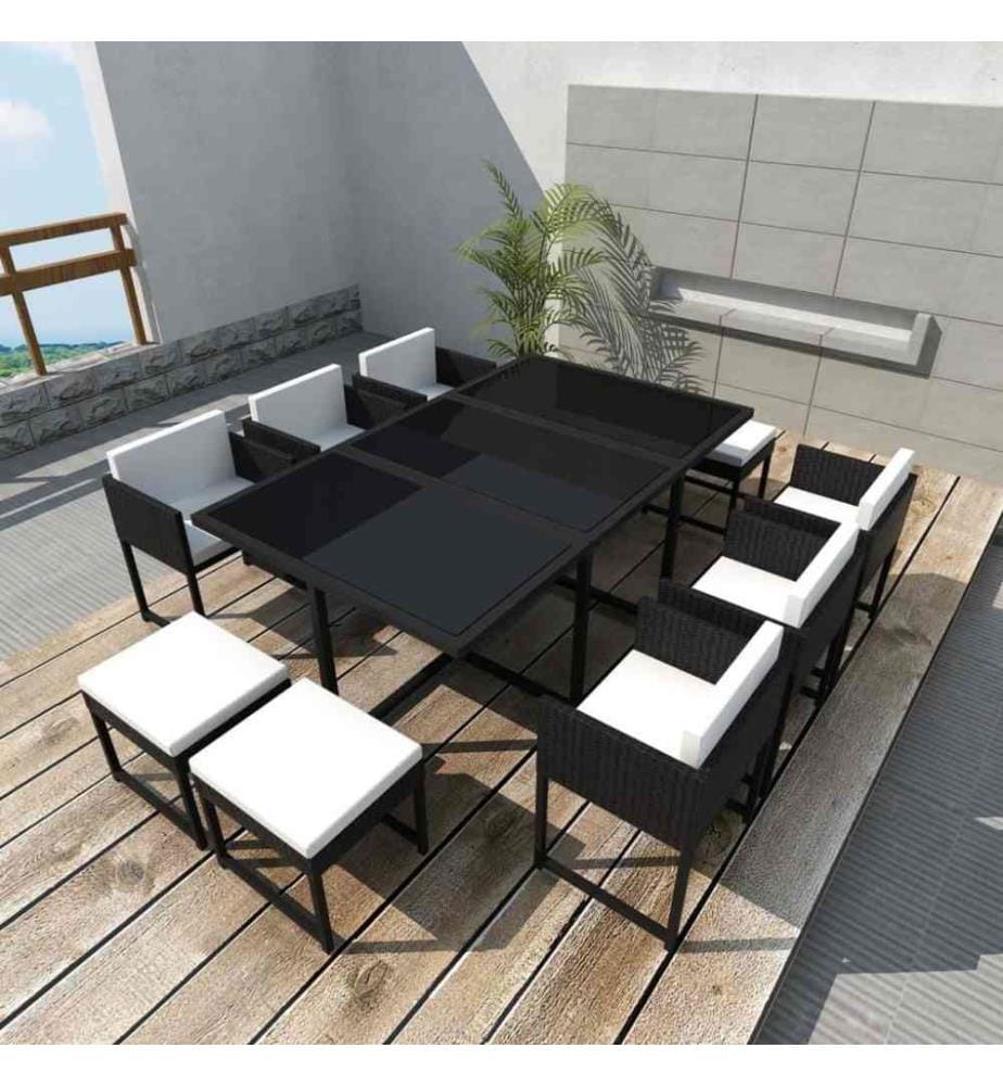 11-tlg. Garten-Essgruppe mit Auflagen Poly Rattan Schwarz