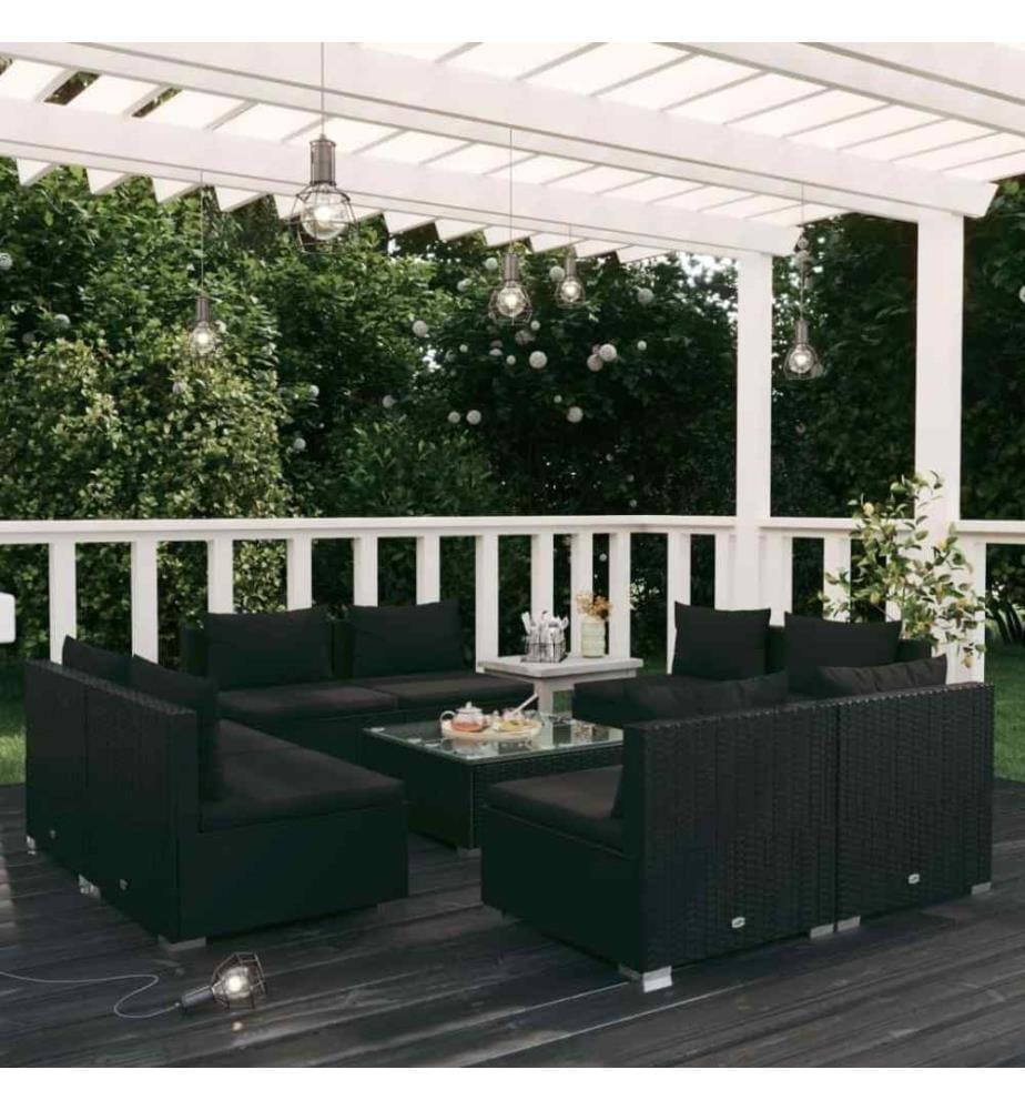 9-tlg. Garten-Lounge-Set mit Kissen Poly Rattan Schwarz