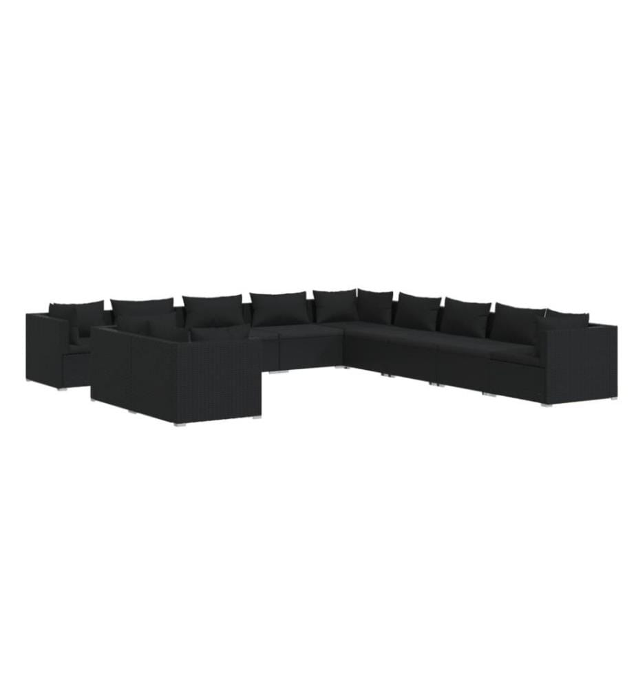 11-tlg. Garten-Lounge-Set mit Kissen Schwarz Poly Rattan
