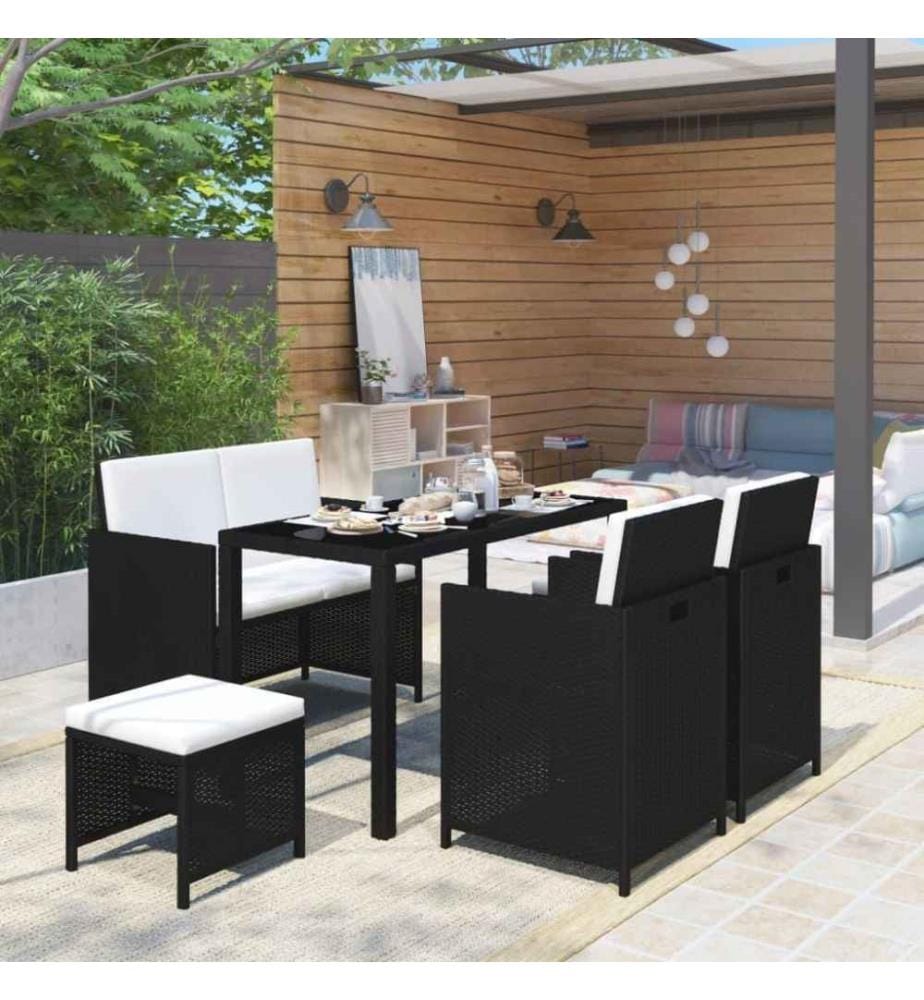 Salon de jardin 6 pcs avec coussins Résine tressée Noir