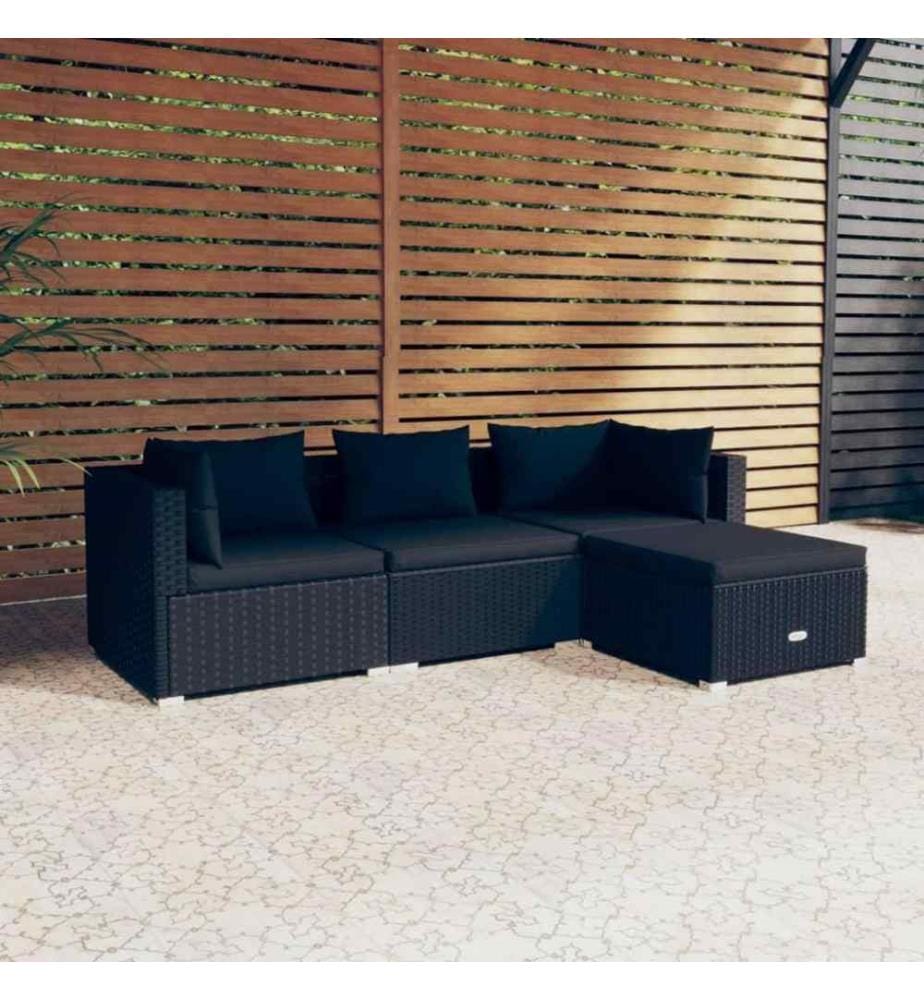 4-tlg. Garten-Lounge-Set mit Kissen Poly Rattan Schwarz