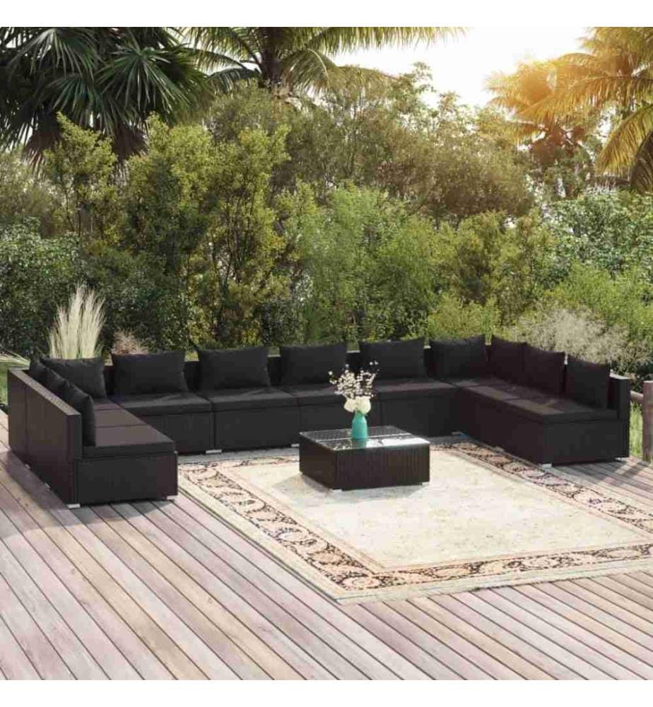 11-tlg. Garten-Lounge-Set mit Kissen Poly Rattan Schwarz