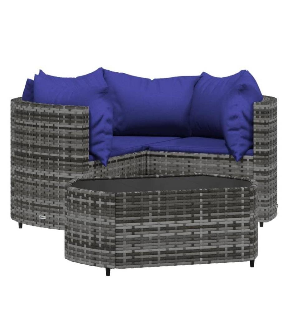 Salon de jardin 4 pcs avec coussins Gris Résine tressée