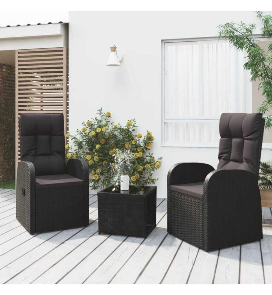 Ensemble de salon de jardin 3 pcs noir poly rotin et acier