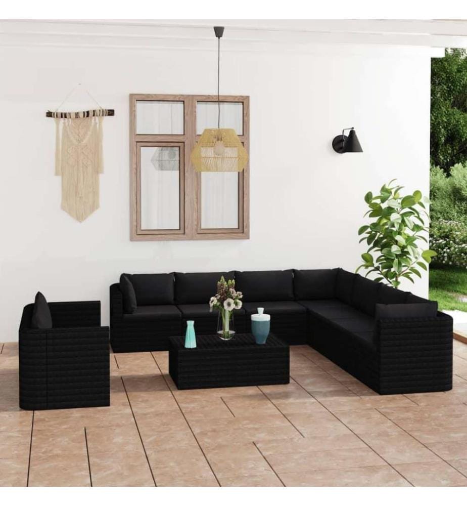 Salon de jardin 11 pcs avec coussins Résine tressée Noir