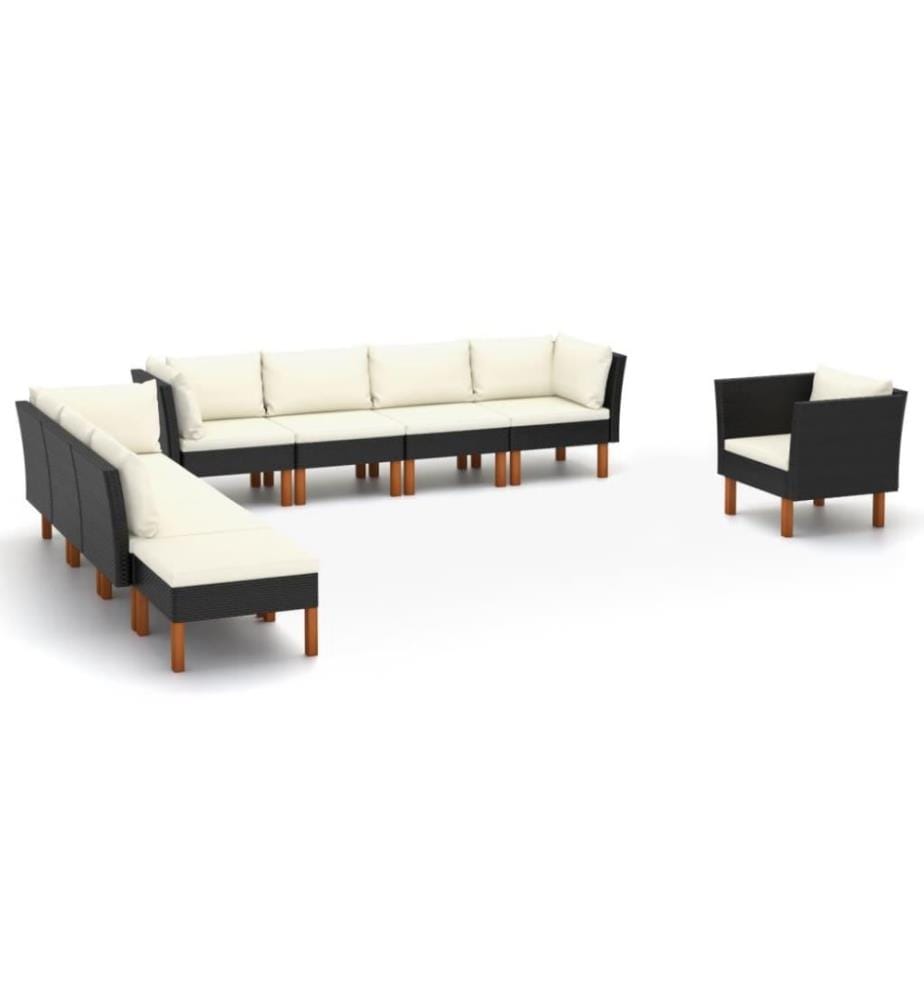 9-tlg. Garten-Lounge-Set Poly Rattan Eukalyptusholz Schwarz