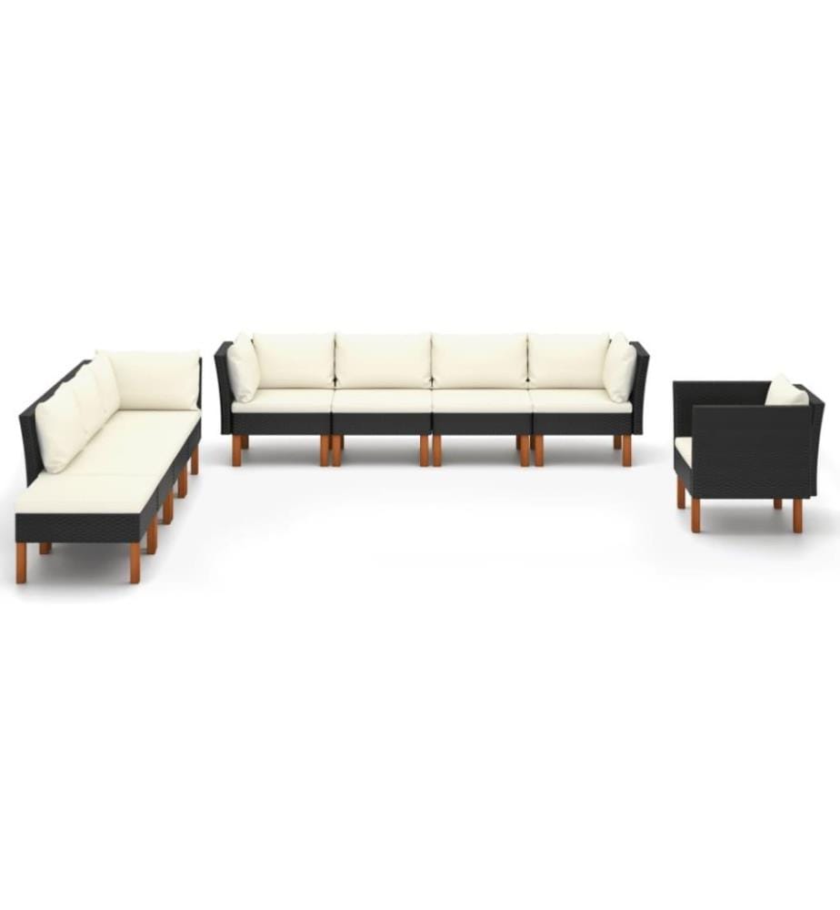9-tlg. Garten-Lounge-Set Poly Rattan Eukalyptusholz Schwarz