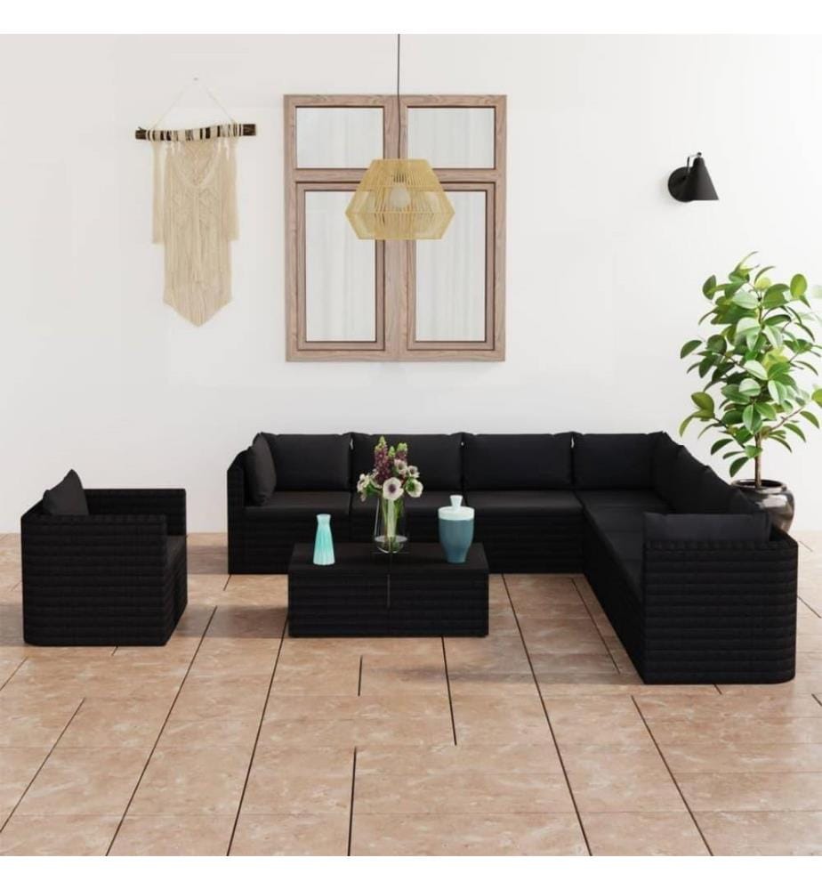 10-tlg. Garten-Lounge-Set mit Kissen Poly Rattan Schwarz