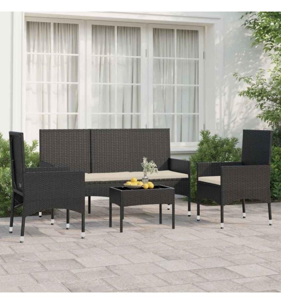 Salon de jardin 4 pcs avec coussins Noir Résine tressée