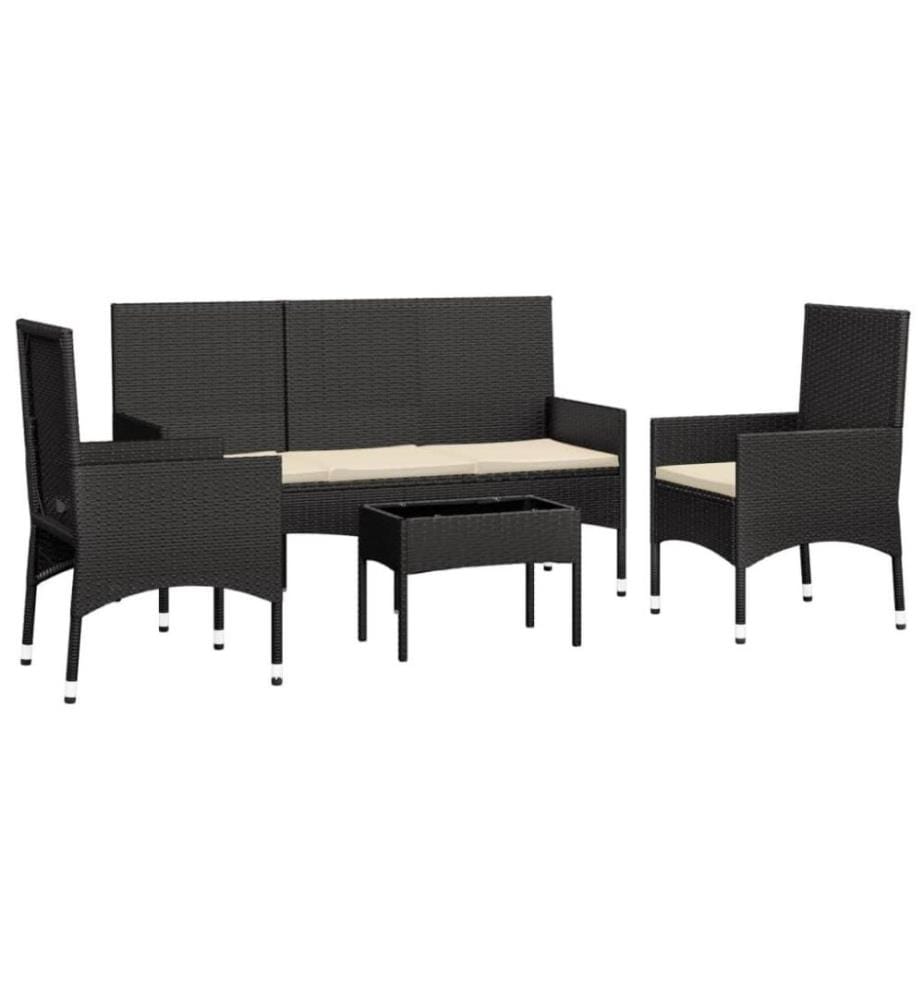 4-tlg. Garten-Lounge-Set mit Kissen Schwarz Poly Rattan