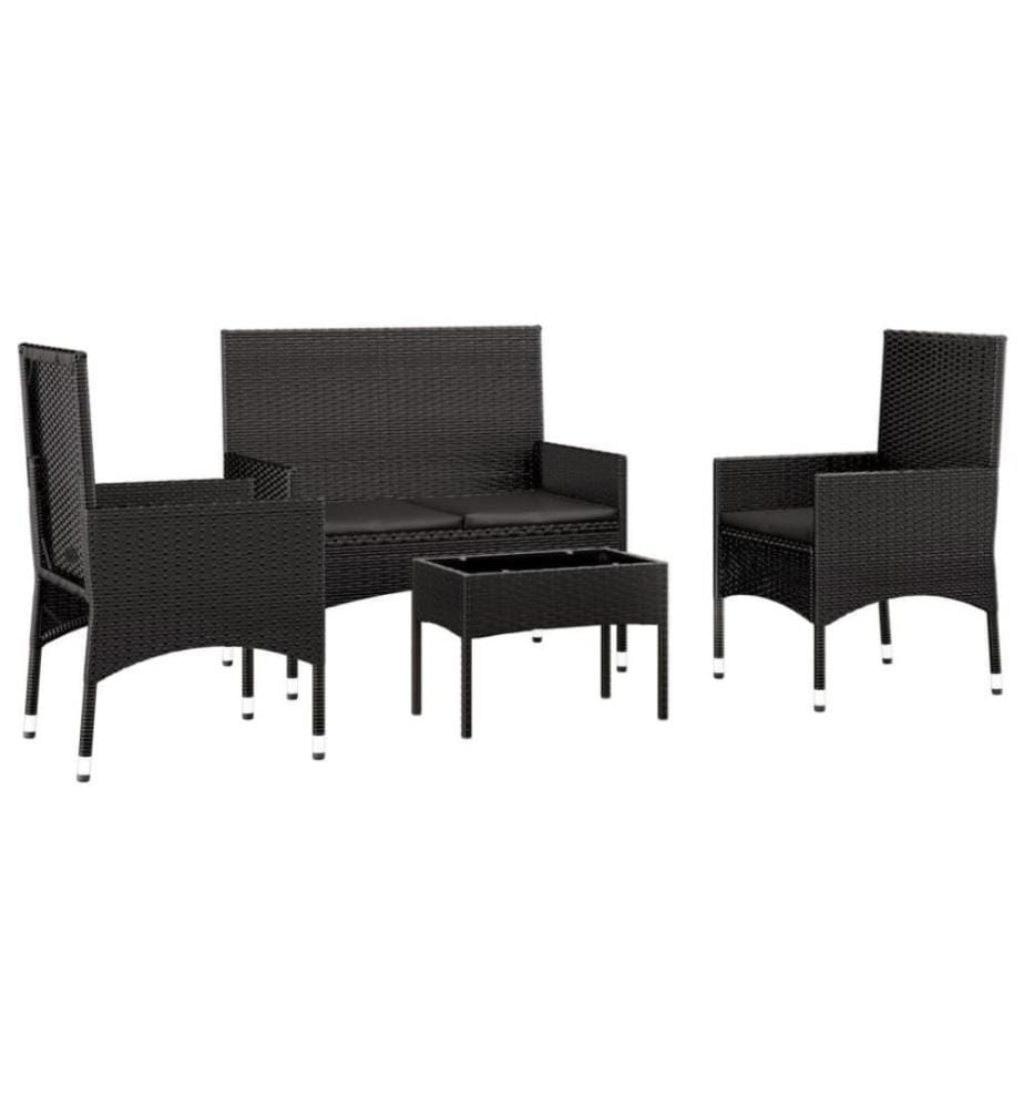 4-tlg. Garten-Lounge-Set mit Kissen Schwarz Poly Rattan