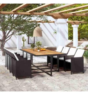 13-tlg. Garten-Essgruppe mit Auflagen Poly Rattan Schwarz