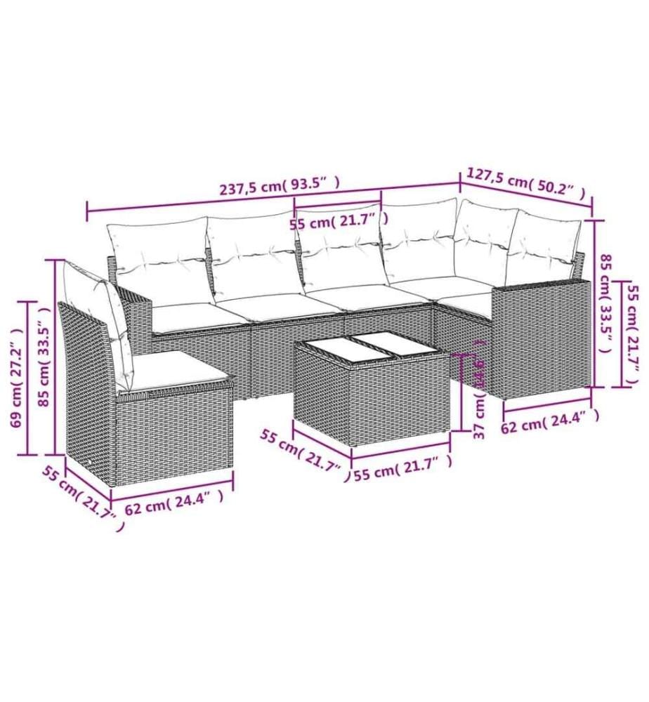 7-tlg. Garten-Sofagarnitur mit Kissen Schwarz Poly Rattan