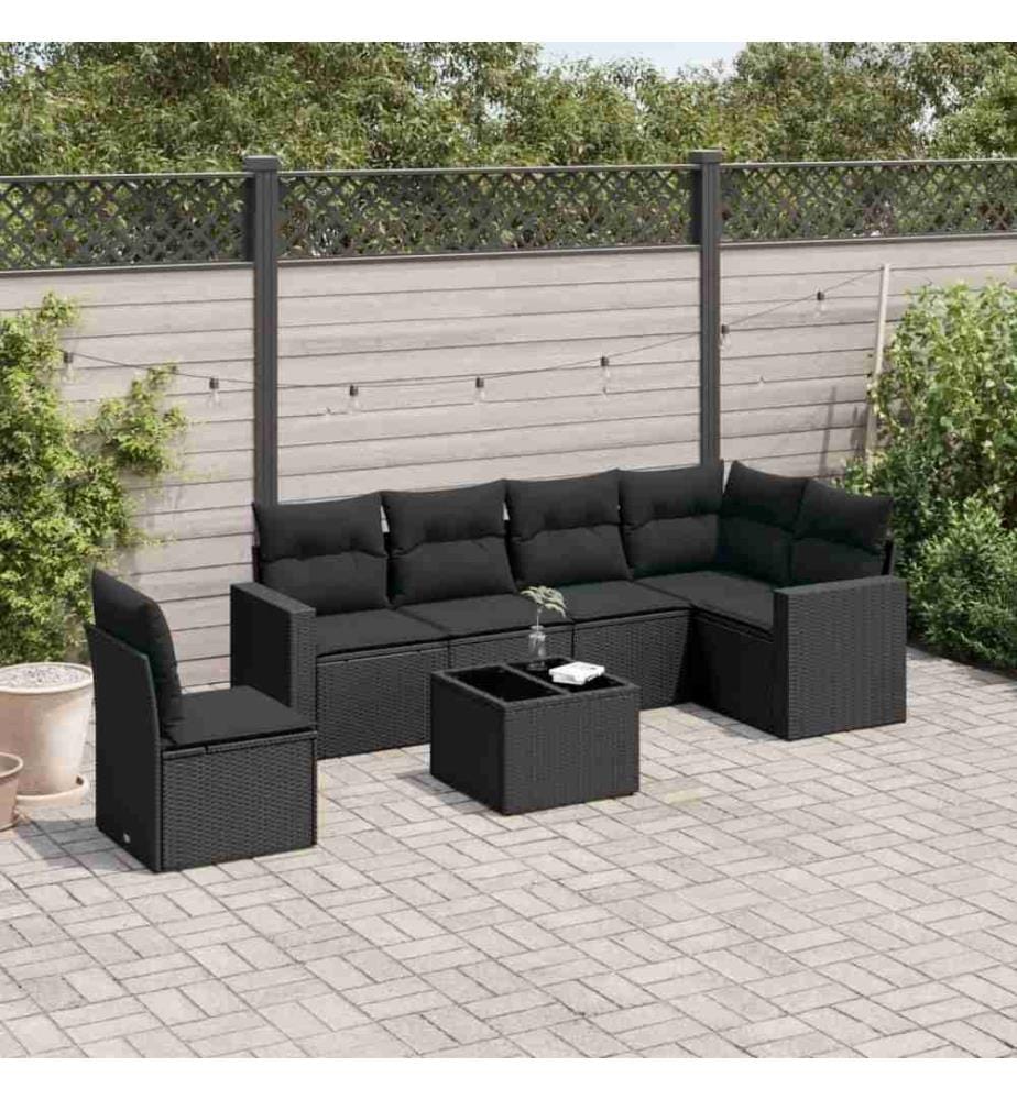 7-tlg. Garten-Sofagarnitur mit Kissen Schwarz Poly Rattan