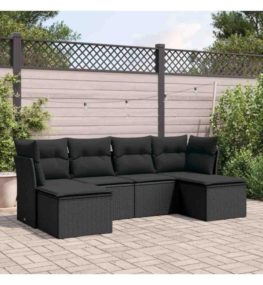 6-tlg. Garten-Sofagarnitur mit Kissen Schwarz Poly Rattan