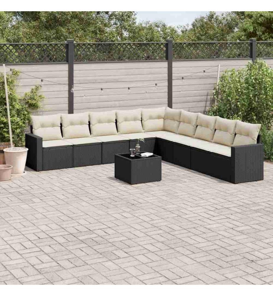 10-tlg. Garten-Sofagarnitur mit Kissen Schwarz Poly Rattan