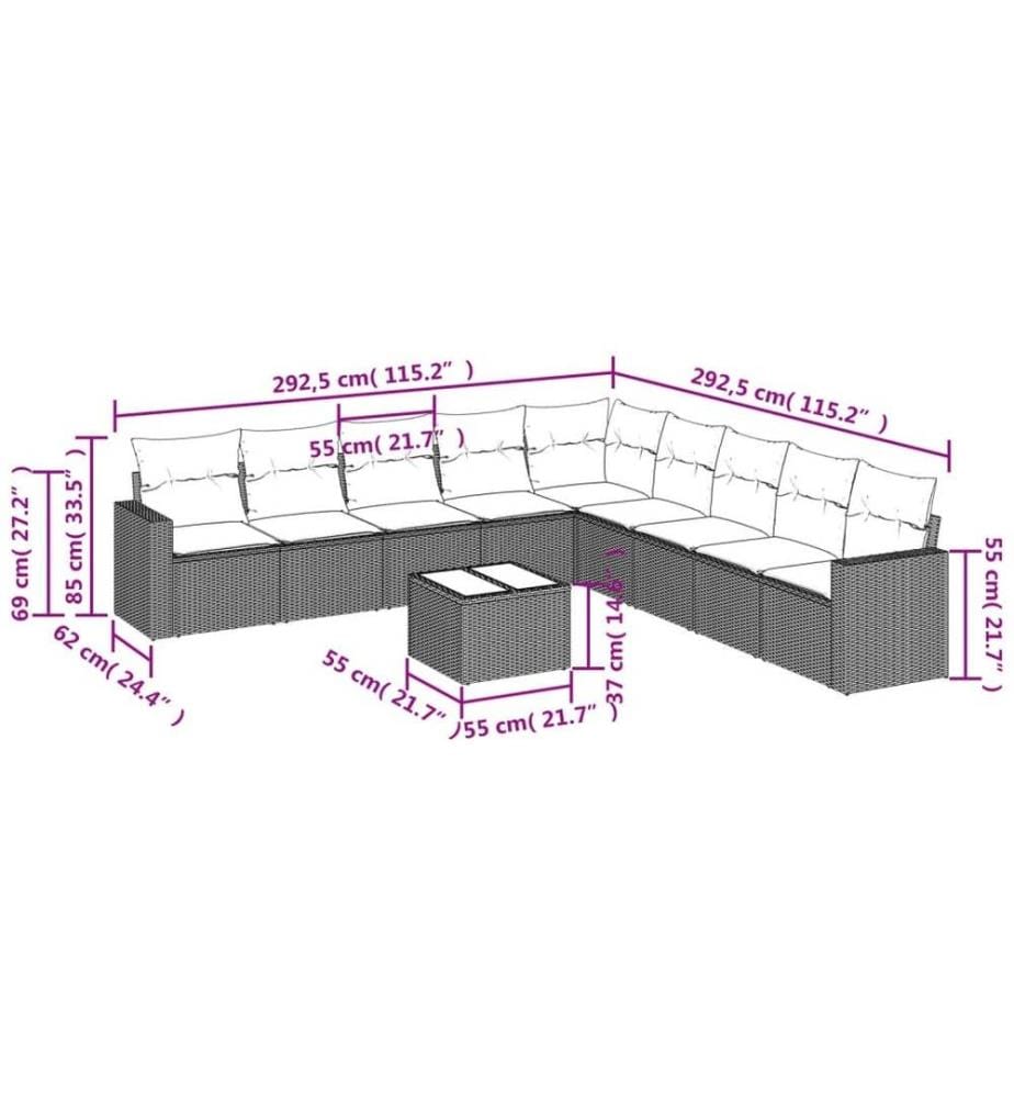 10-tlg. Garten-Sofagarnitur mit Kissen Schwarz Poly Rattan