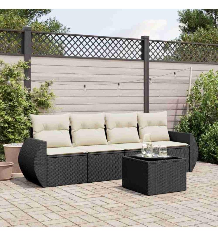 5-tlg. Garten-Sofagarnitur mit Kissen Schwarz Poly Rattan