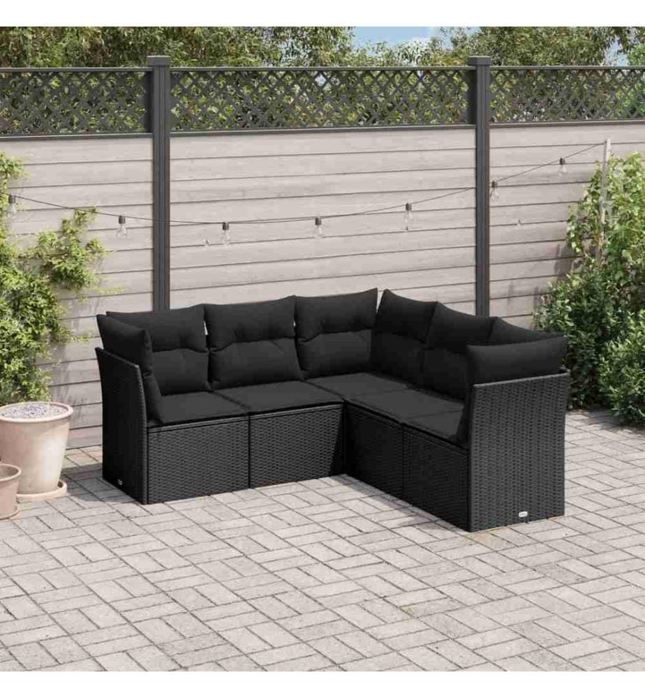 5-tlg. Garten-Sofagarnitur mit Kissen Schwarz Poly Rattan