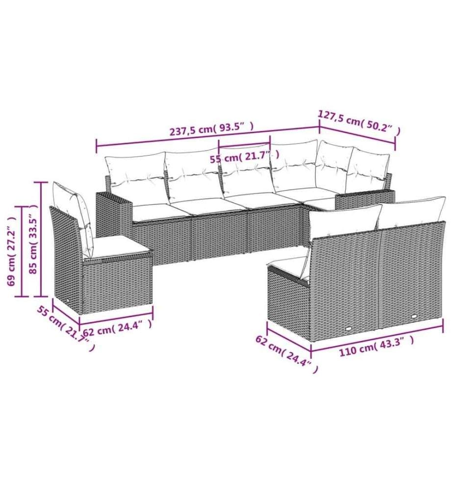 8-tlg. Garten-Sofagarnitur mit Kissen Schwarz Poly Rattan