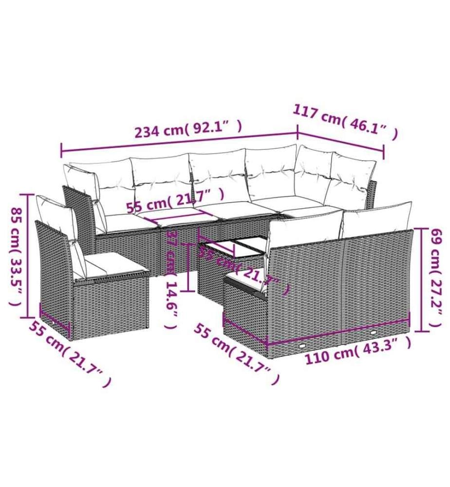 9-tlg. Garten-Sofagarnitur mit Kissen Schwarz Poly Rattan