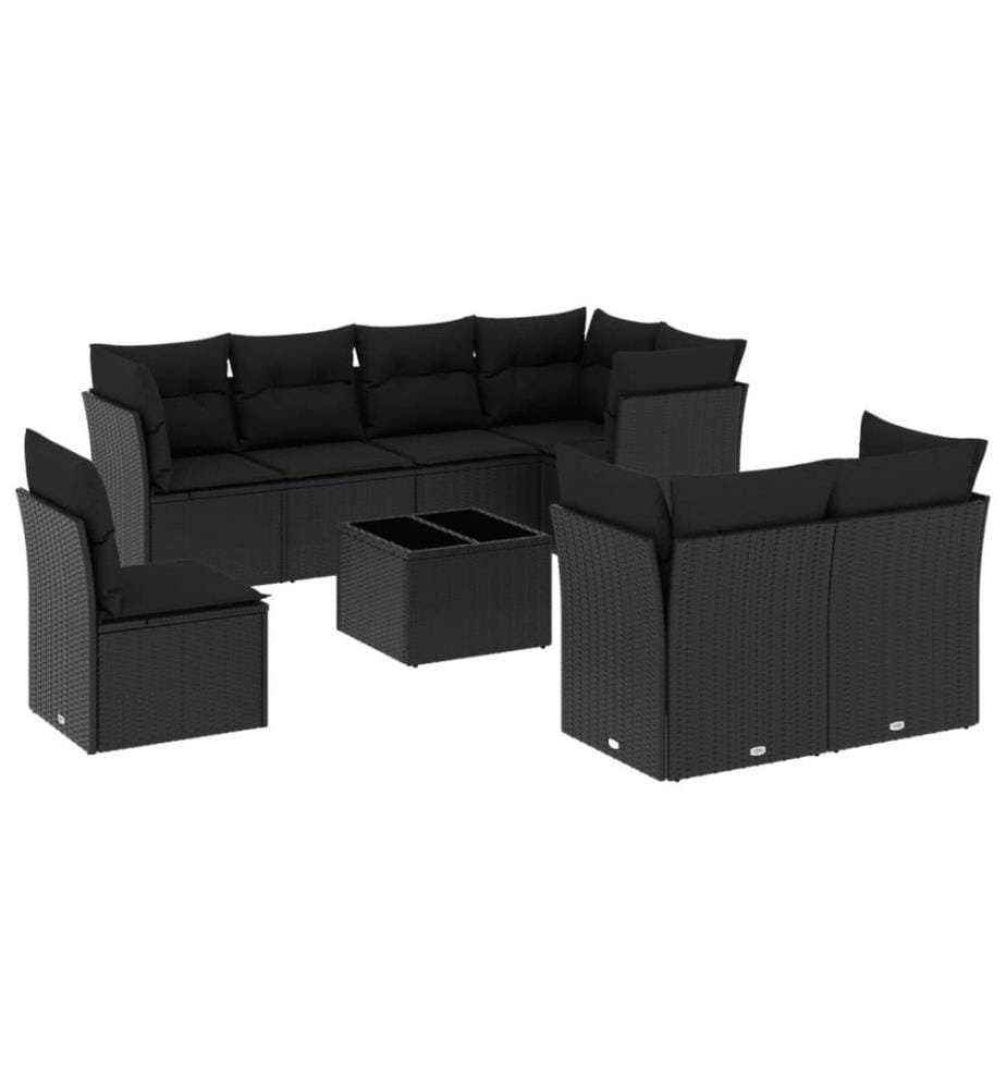9-tlg. Garten-Sofagarnitur mit Kissen Schwarz Poly Rattan