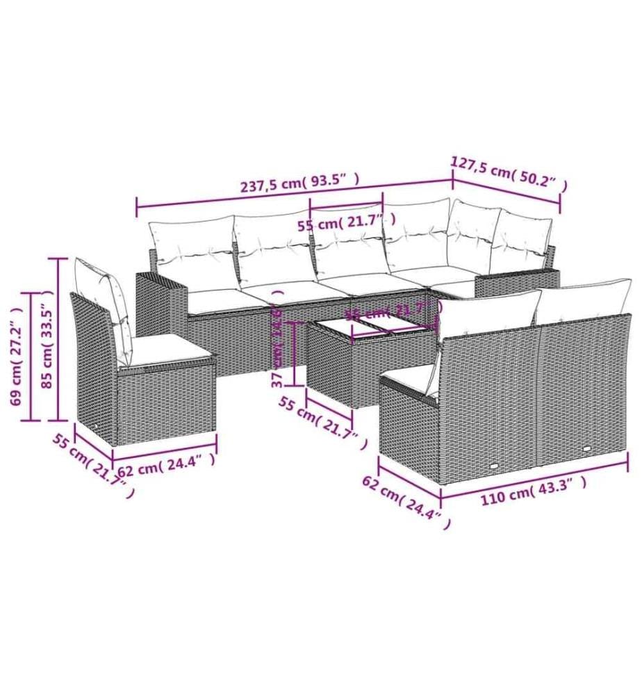 9-tlg. Garten-Sofagarnitur mit Kissen Schwarz Poly Rattan
