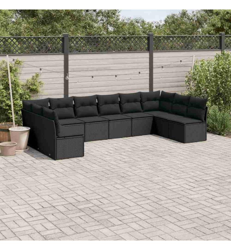 10-tlg. Garten-Sofagarnitur mit Kissen Schwarz Poly Rattan