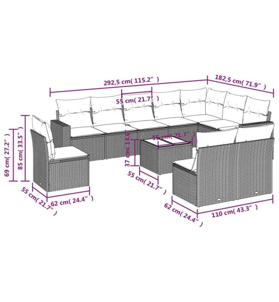 11-tlg. Garten-Sofagarnitur mit Kissen Schwarz Poly Rattan