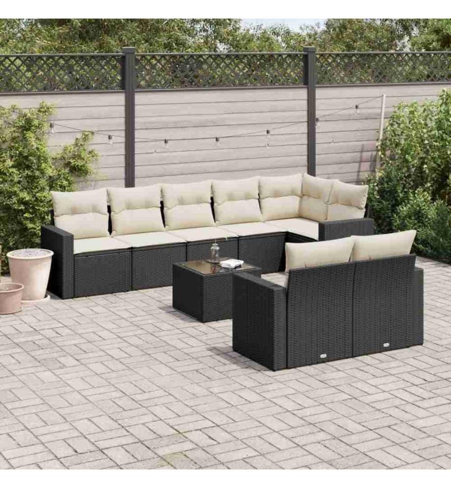 9-tlg. Garten-Sofagarnitur mit Kissen Schwarz Poly Rattan