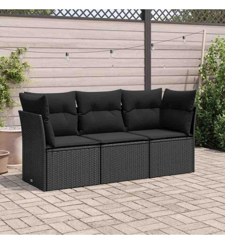 3-tlg. Garten-Sofagarnitur mit Kissen Schwarz Poly Rattan