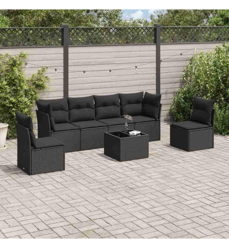 7-tlg. Garten-Sofagarnitur mit Kissen Schwarz Poly Rattan