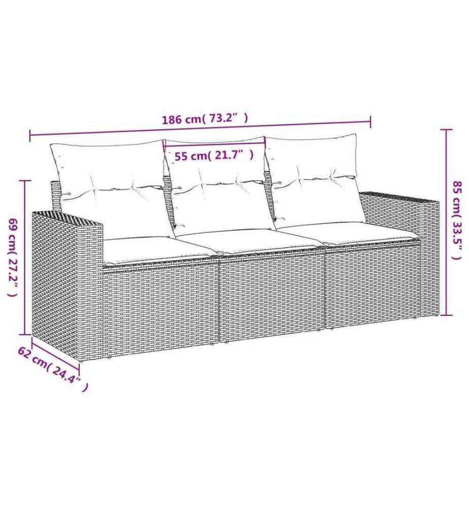 3-tlg. Garten-Sofagarnitur mit Kissen Schwarz Poly Rattan