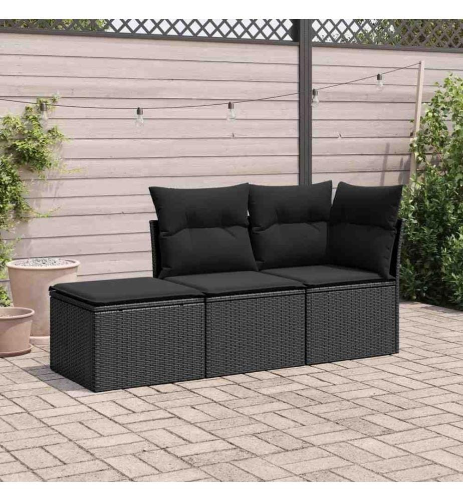 3-tlg. Garten-Sofagarnitur mit Kissen Schwarz Poly Rattan