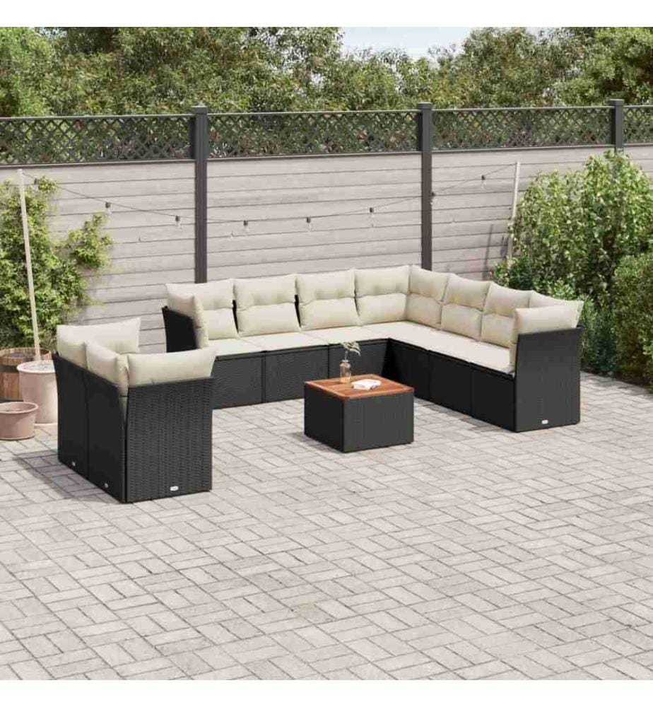 10-tlg. Garten-Sofagarnitur mit Kissen Schwarz Poly Rattan