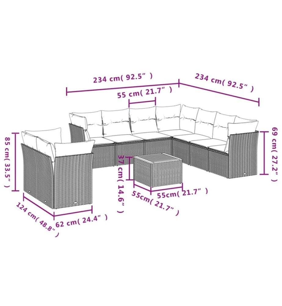 10-tlg. Garten-Sofagarnitur mit Kissen Schwarz Poly Rattan